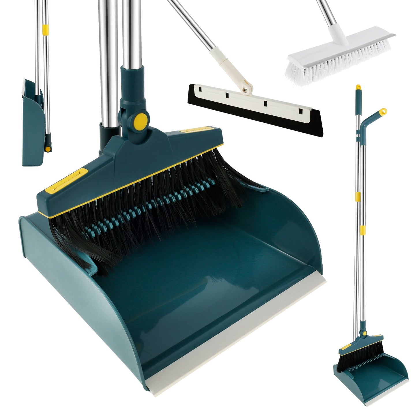 4Pcs Broom and Dustpan Set with Floor Squeegee Rectangular Brush Retractable Upright Broom Dustpan Squeegee Rectangular Brush Combo Set with Long Stainless Steel Handle for Living Room Kitchen Office