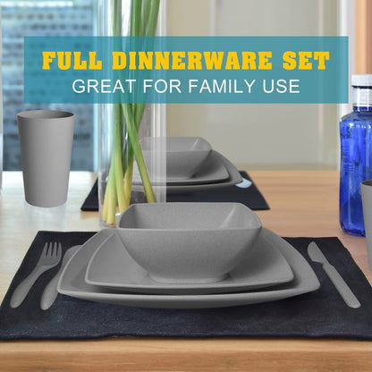 Teivio 16-piece Plastic Wheat Straw Square Dinnerware Set for 4, Unbreakable Dinner Plates, Salad Plates, Snack Bowls, Tumblers 20 oz, Dishwasher Safe, Grey