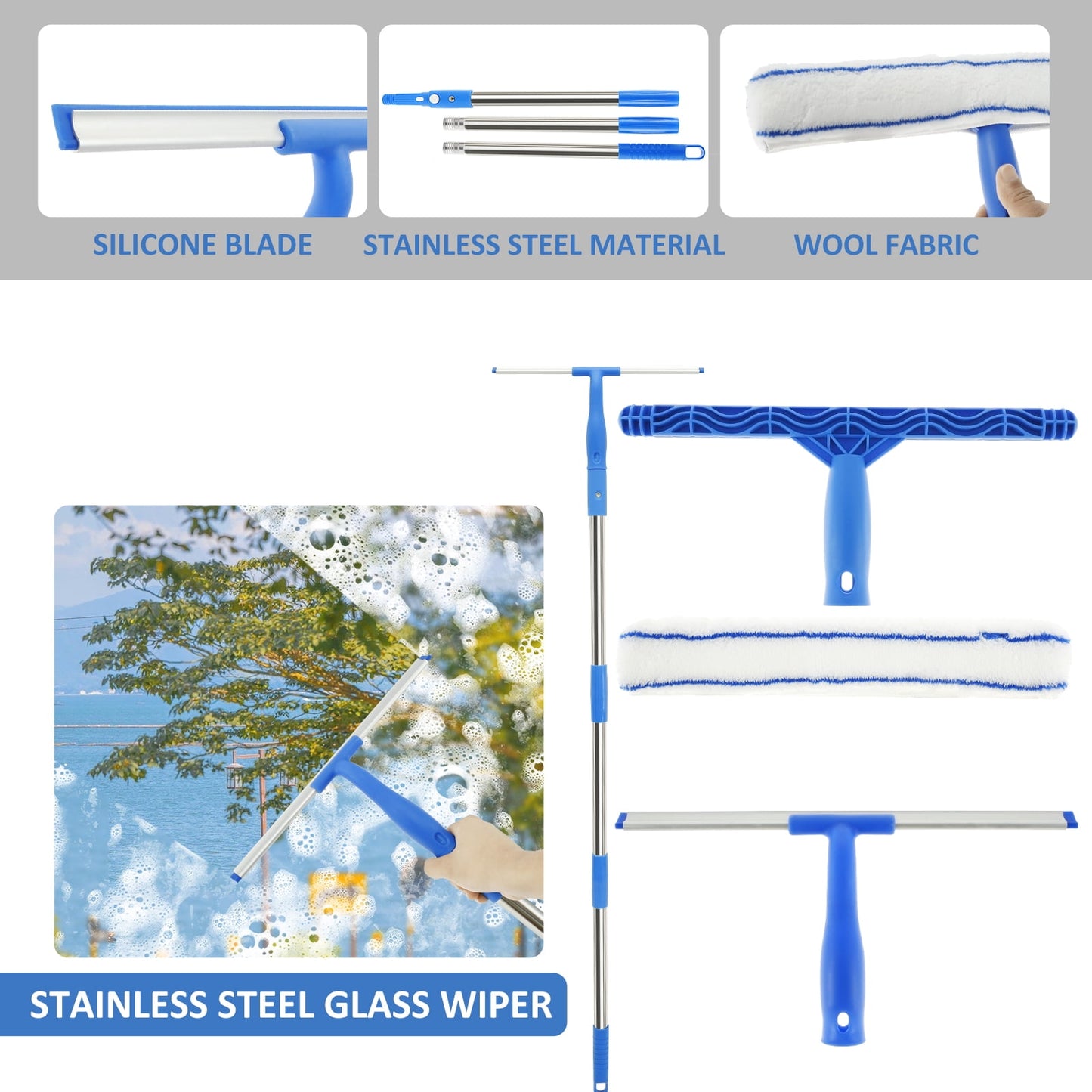 Txkrhwa 53 inch Silicon Window Cleaner Squeegee, Microfiber Window Glass Wiper, Window Scrubber Cleaning Tool with Extendable Stainless Steel Pole for Bathroom, Shower, Car, Glass