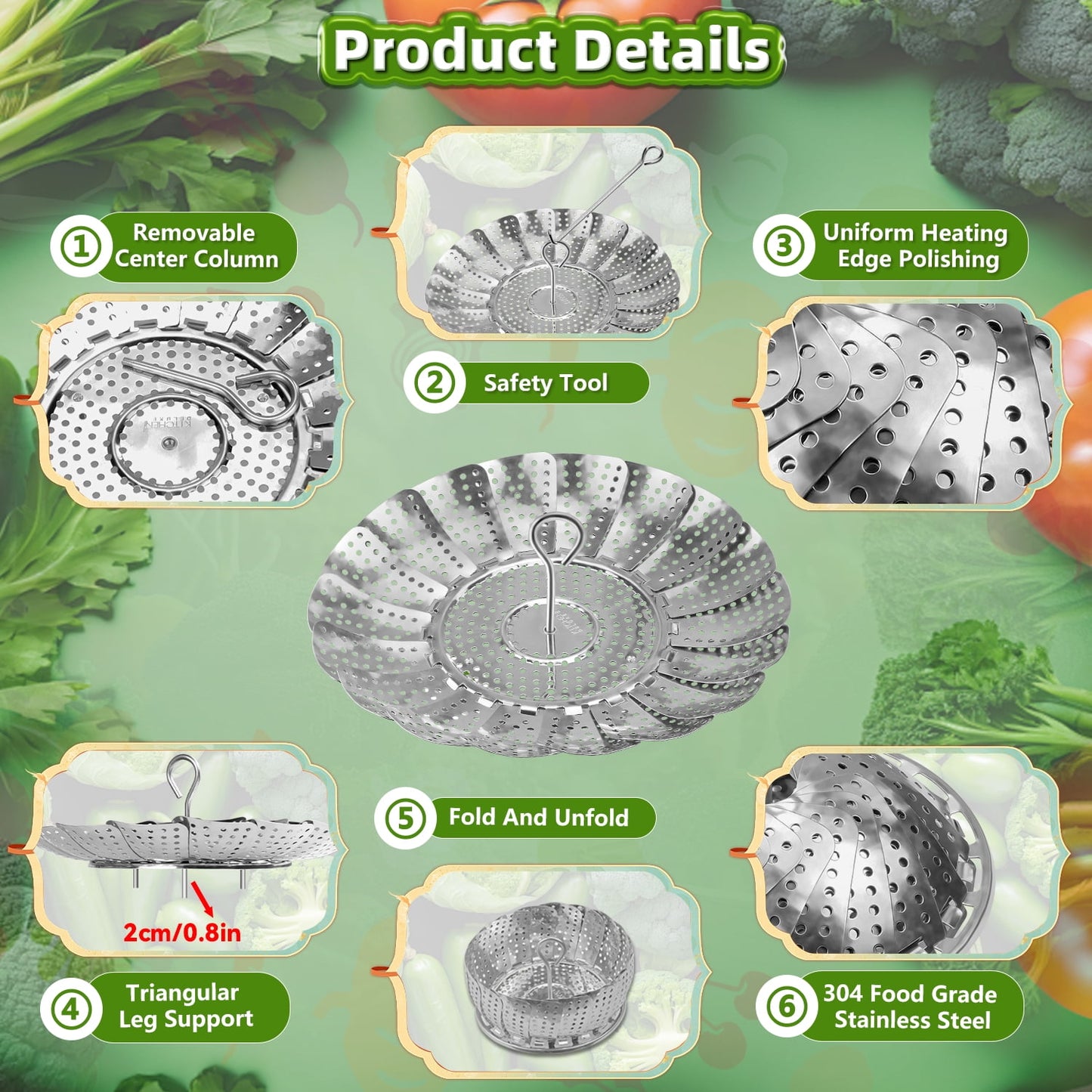 Vegetable Steamer Basket for Instant Pot Accessories Stainless Steel Steamer for Food with Vegetable Peeler Folding Expandable Steamers to Fit Various Size Pot with Safety Tool for Kitchen Tools