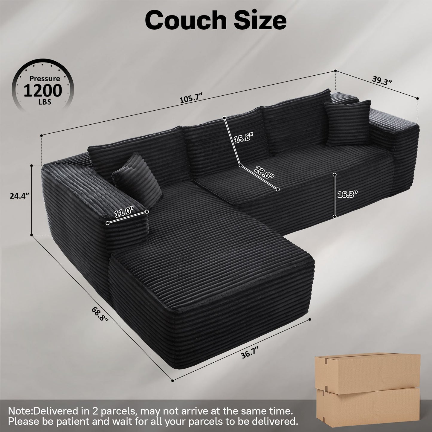 Vcatnet 106'' Modular Sectional Sofa Couch Corduroy L Shaped Modern Minimalist Couches for Living Room, Black