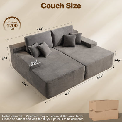 Vcatnet 81" Modular Sectional Sofa Couch Corduroy Chaise Lounge Loveseat Sofa Bed Oversized Upholstered Sleeper Sofa for Living Room and Bedroom, Gray