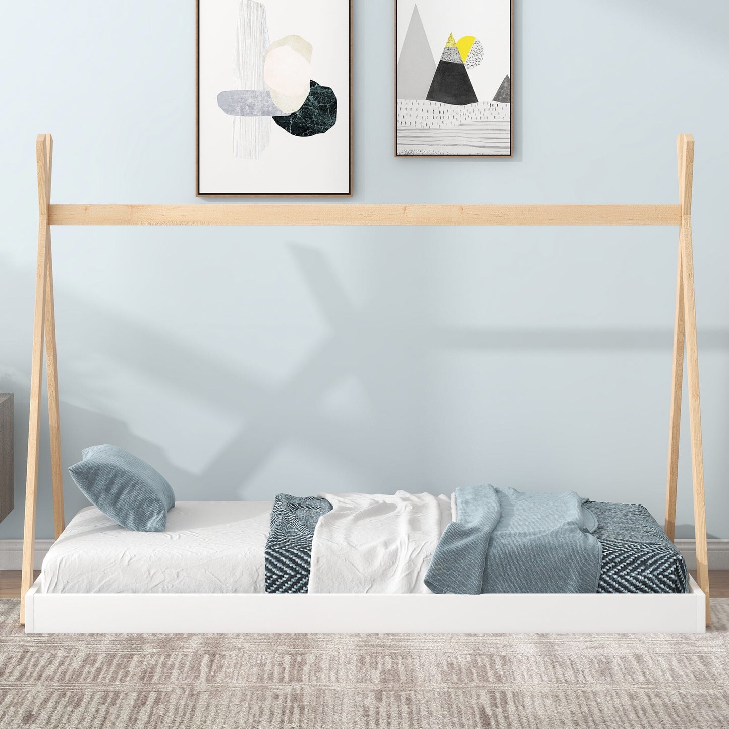 Twin Size Tent Floor Bed Frame with Triangle Structure, Teepee Platform Bed for Kids, Montessori Floor Bed for Toddlers Girls Boys, No Box Spring Needed(Twin,White+Natural)