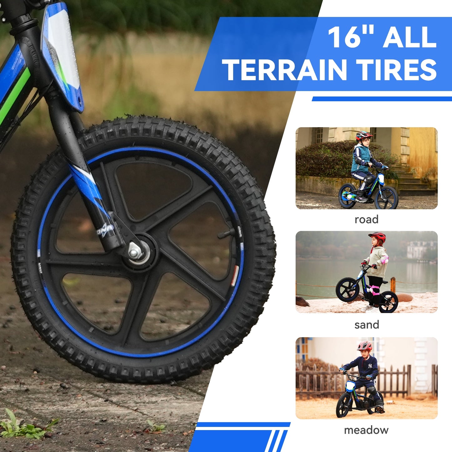 TUIBOKA Lightweight Electric Dirt Bike for Kids, 340W Racing Grade Electric Motorcycle for Ages 5-12, Detachable Battery, Brushless Motor, 3 Speed Modes, 16Inch Off Road Tires, Blue