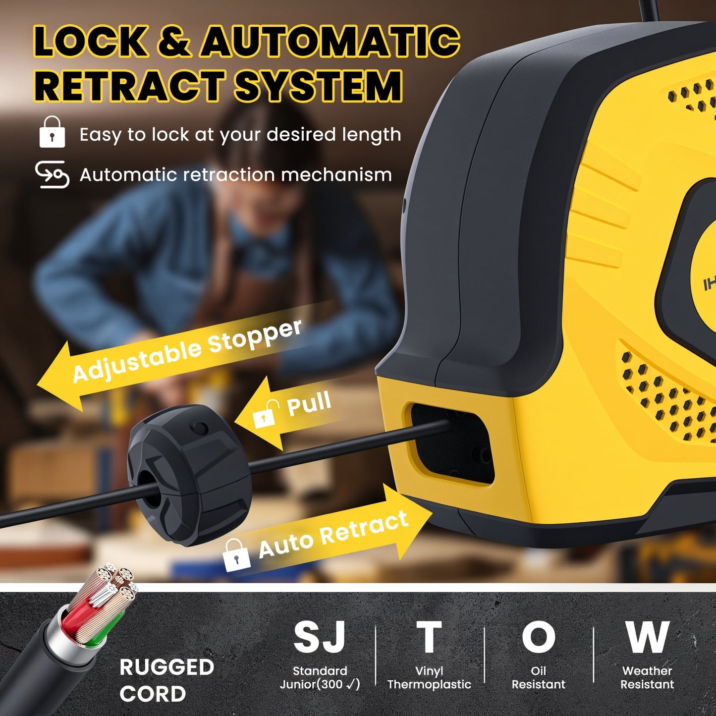AUOSHI Retractable Extension Cord Reel 50ft Power Cord Storage Reel 14AWG/3C SJTOW Power Cord 4FT Lead-in Cord, Wall/Ceiling Mounted Extension Cord Reel with 3 Triple Tap Grounded Outlets