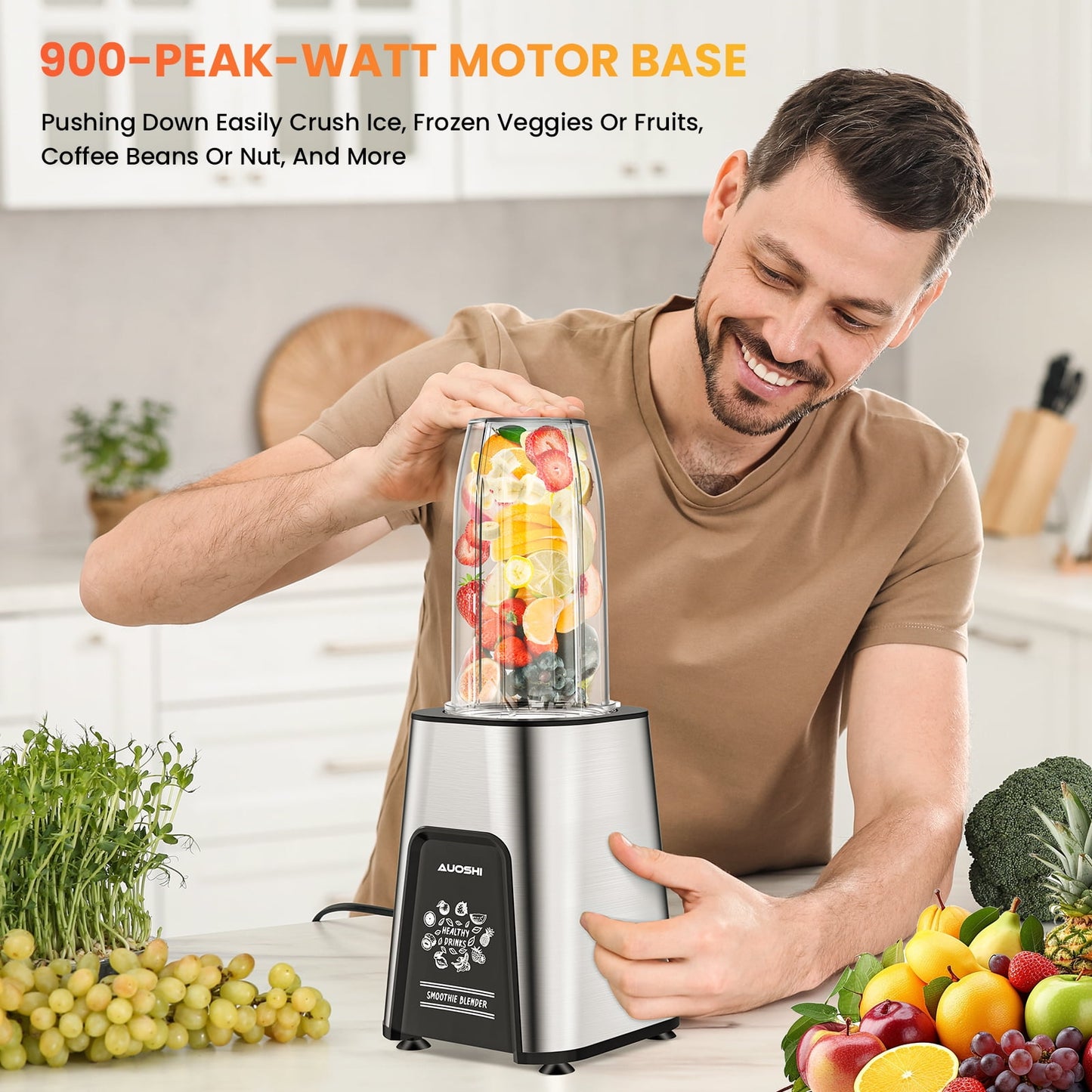AUOSHI 900W Personal Blender for Shakes and Smoothies Blenders for Kitchen Smoothie Maker with 6 Fins Blades Frozen Drinks Mixer with 2*23 oz To-Go Cups 1*10oz Grinder Cup BPA Free