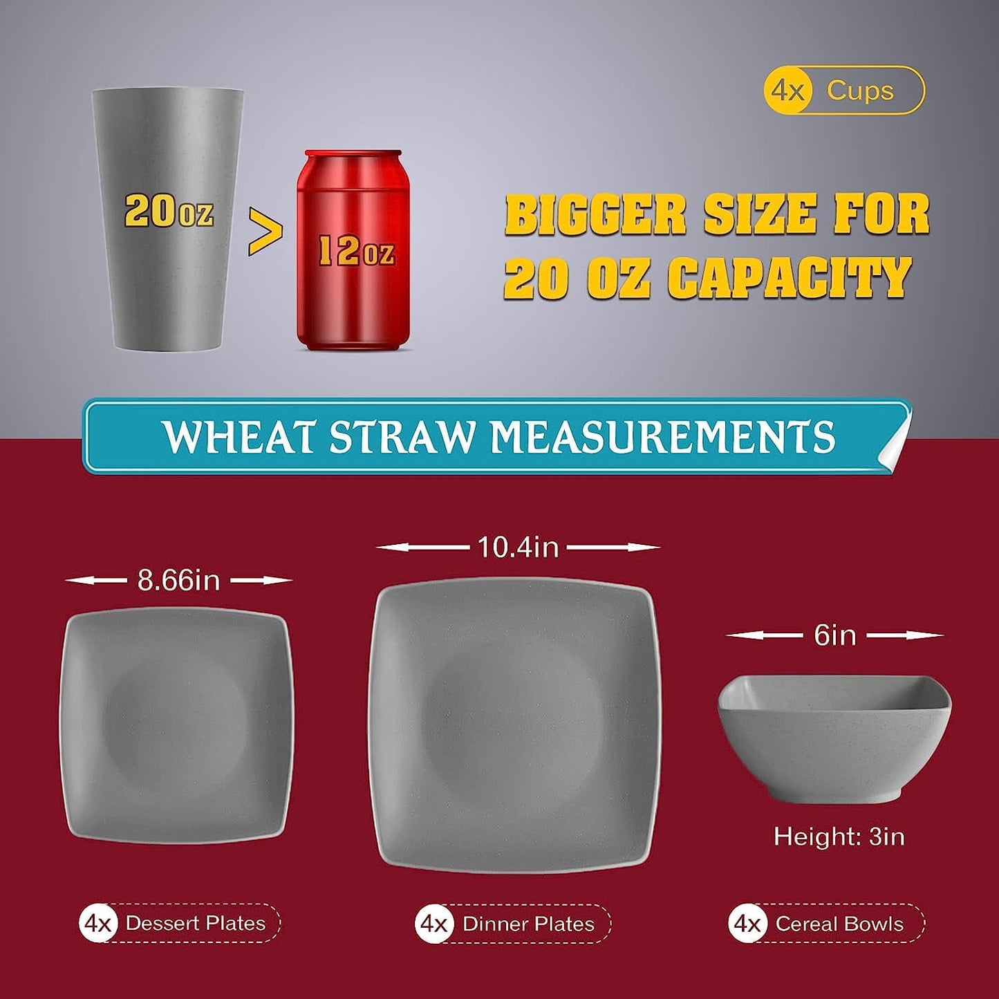 Teivio 16-piece Plastic Wheat Straw Square Dinnerware Set for 4, Unbreakable Dinner Plates, Salad Plates, Snack Bowls, Tumblers 20 oz, Dishwasher Safe, Grey