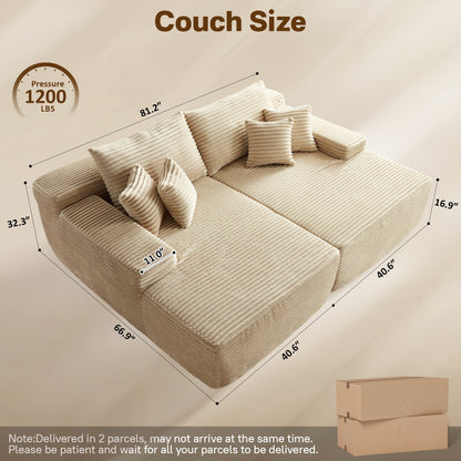 Vcatnet 81" Modular Sectional Sofa Couch Corduroy Chaise Lounge Loveseat Sofa Bed Oversized Upholstered Sleeper Sofa for Living Room and Bedroom, Beige
