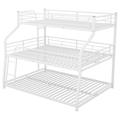 Triple Bunk Bed, Twin XL/Full XL/Queen Triple Bunk Bed with Long and Short Ladder for Kids Teens Adults, Heavy Duty Metal Bunk Bed Frame with Full-Length Guardrails, No Box Spring Needed, White