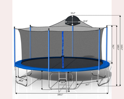 Upgraded 14FT Trampoline for Kids Teens Adults, Recreational Trampoline with Safety Enclosure Net, Basketball Hoop and Non-slip Ladder, Combo Bounce Outdoor Trampoline, Blue