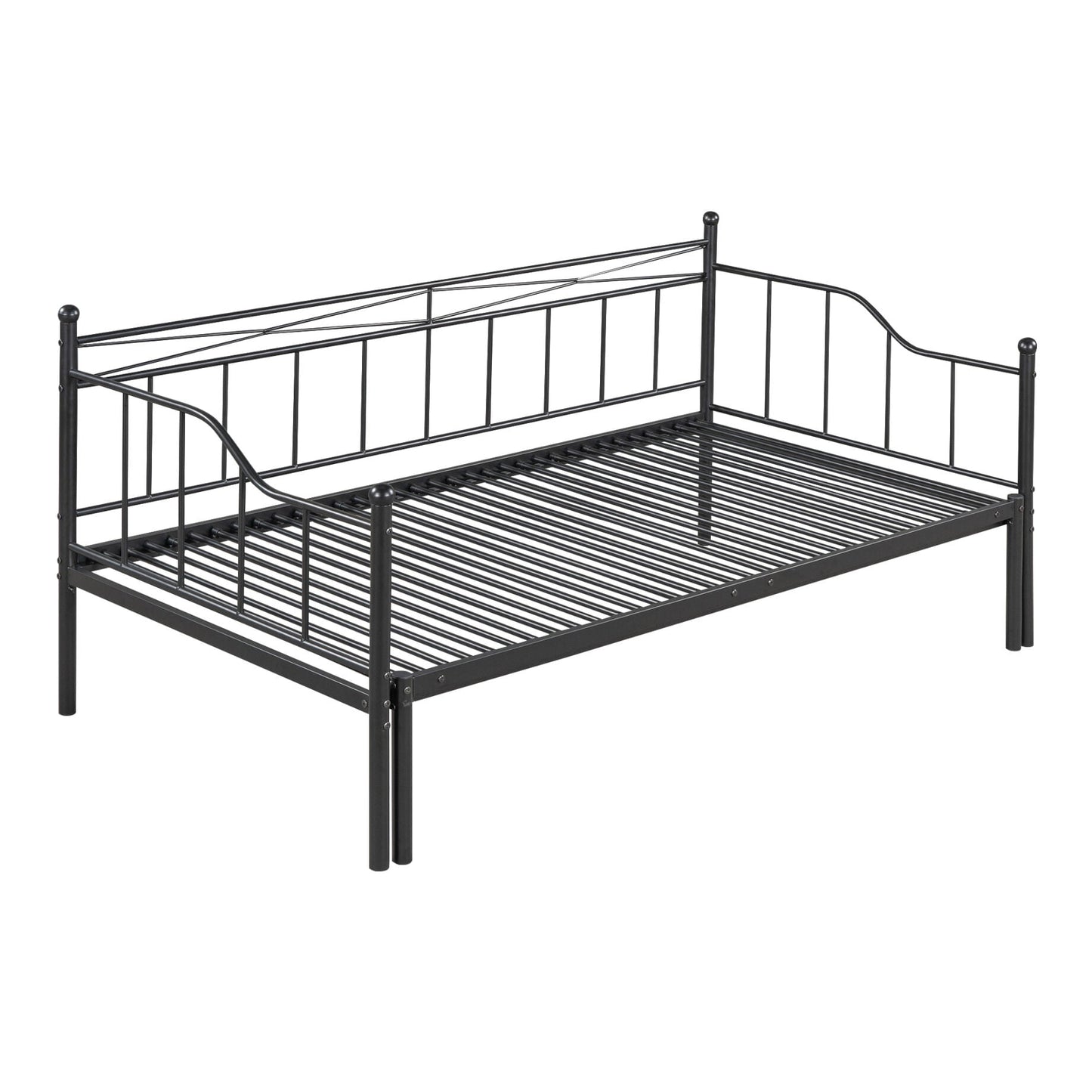 Twin Daybed with Pop-up Trundle, Extendable Metal Daybed Frame with Headboard and Safety Guardrails,Upholstered Sofa Bed Frame for Kids Teens Adults, Living Room,Easy Assembly, Black