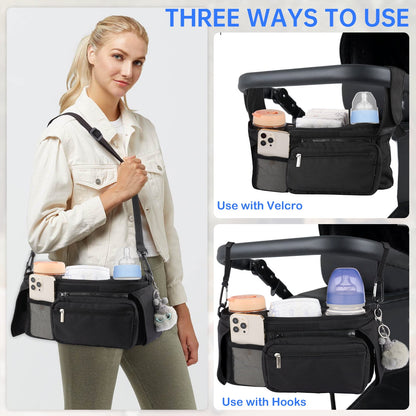 FVLOENG Stroller Organizer Insulated Cup Holder Detachable Phone Bag and Shoulder Strap Baby Jogger Caddy Accessories, Universal Fits for All Stroller