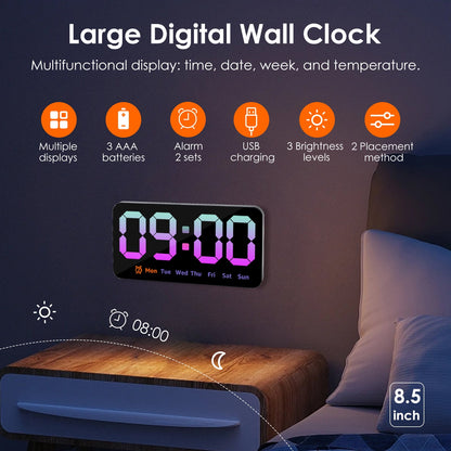 EUWBSSR Large Digital Wall Clock 8.5 In Large Display LED Alarm Clock with Date Week Temperature Dual Alarm 3 Levels Brightness Adjustable Wall Clock,Pink