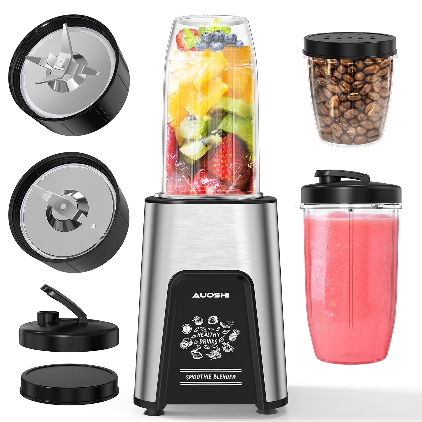 AUOSHI 900W Personal Blender for Shakes and Smoothies Blenders for Kitchen Smoothie Maker with 6 Fins Blades Frozen Drinks Mixer with 2*23 oz To-Go Cups 1*10oz Grinder Cup BPA Free