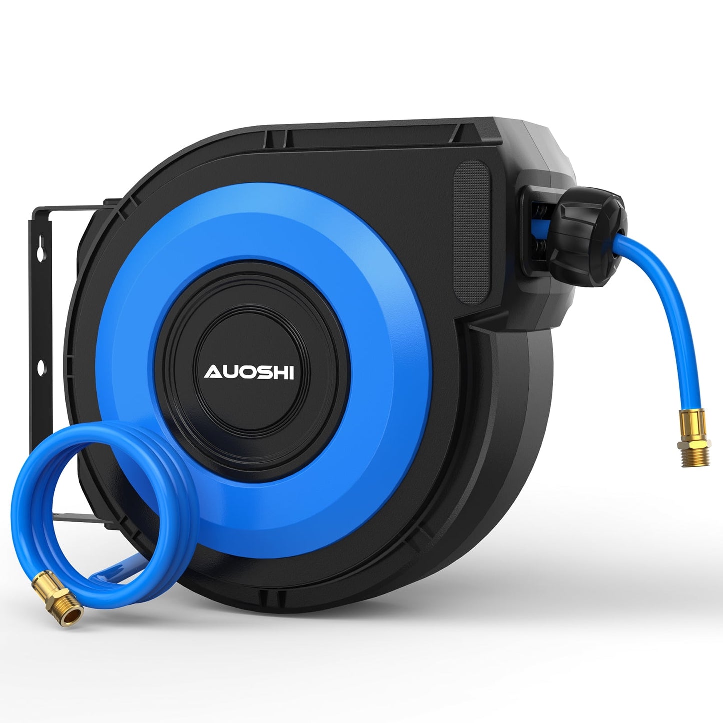 AUOSHI Retractable Air Hose Reel Air Compressor Hose Reel Automatic Rewind with 3/8 IN x 50 FT Hybrid Air Hose 5 ft Lead in Max 300PSI Wall Mount Enclosed Air Reel, 180° Swivel Mount