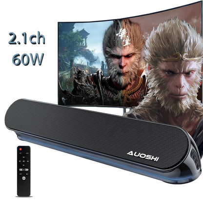 AUOSHI 2.1ch Sound Bar for TV, 60W Small Soundbar with Subwoofer, Surround Sound System Bluetooth Speaker with Bluetooth/HDMI/OPT/AUX/USB Connection for TV /PC/Projectors, Remote Control,16.5inch