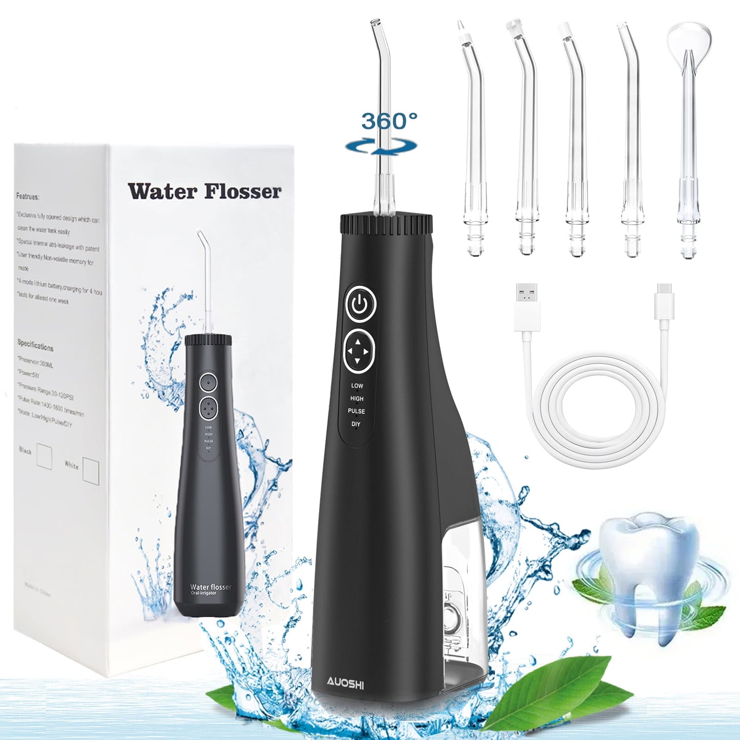 AUOSHI Water Flosser Portable Cordless Oral Irrigator , 4 Modes 5 Tips Rechargeable IPX7 Waterproof Teeth Cleaner for Home and Travel 300ML Black