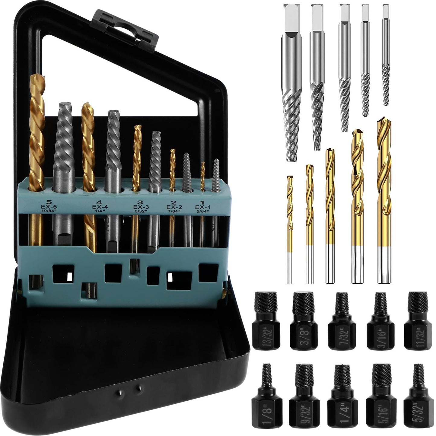 OKYMOTOR 20Pcs Left Hand Drill Bit,Bolt Extractor and Left Hand Drill Bit Set Multi-Size Damaged Screw Extractor Set Metal Hex Head Bolt Remover Kit for Stud Bolt Screw Nut