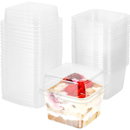 Austok 50Pcs Plastic Dessert Cups with Lids 8oz Reusable Cupcake Container Clear Square Single Dessert Box Sealed Cake Storage Box for Dessert Muffins Cupcake Pudding Mousse Party