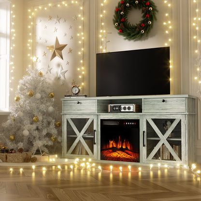 BREEZEHEAT 58" Farmhouse Fireplace TV Stand with 18" Electric Fireplace for TVs up to 65''