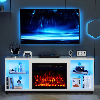 BREEZEHEAT Electric Fireplace TV Stand-Led Entertainment Center-58 inch TV Stand with 23" Electric Fireplace-Living Room Tv Cabinet with Storage for TVs up to 65"，Modern Media Console (White)
