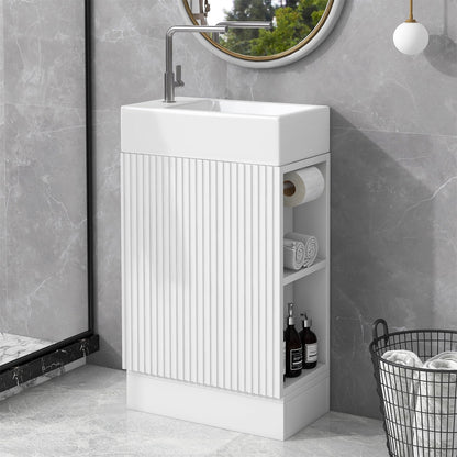 Bathroom Vanity with Sink, Modern Floor-Standing Small Bathroom Vanity with 2-Tier Shelf and Toilet Paper Holder, Batheroom Sink Cabinet with MDF Board for Batheroom