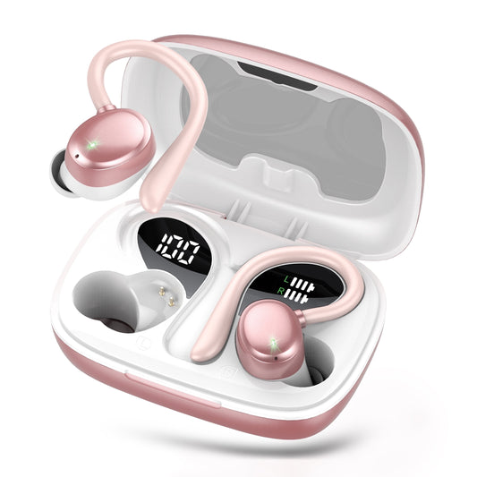 Wireless Earbuds 64hrs Bluetooth Headphone Sport, Bluetooth Earbuds Stereo Deep Bass Over Ear Bud with Earhooks, LED Display, ENC Noise Cancelling Mic, Earphones for Workout/Running, Pink