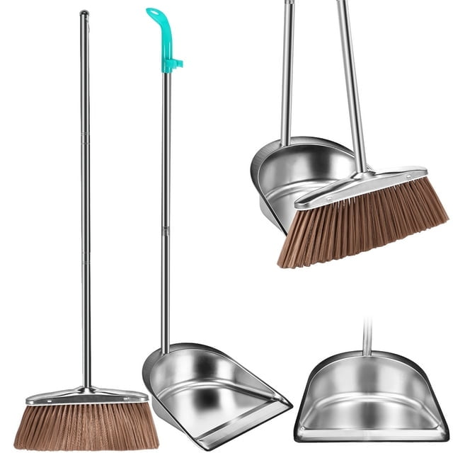 Broom and Dustpan Set with Long Handle Heavy Duty Stainless Steel Dustpan with Broom Space Saving Broom Dustpan Combo Sweeper and Dustpan Set with Broom Clip for Indoor Outdoor Kitchen Lobby