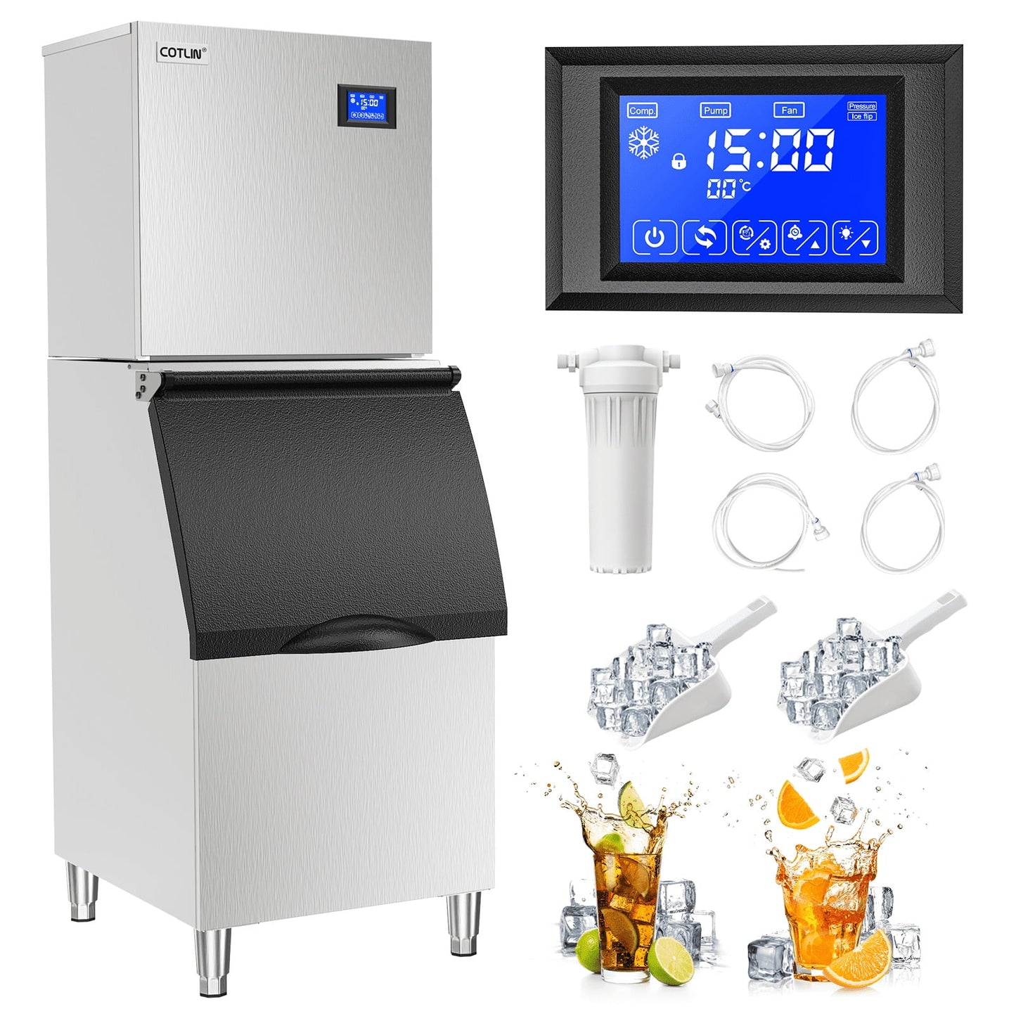 COTLIN 22" 300LBS/24H Adjustable Ice Cube Thickness Air Cooled Stainless Steel Commercial Ice Maker T50A