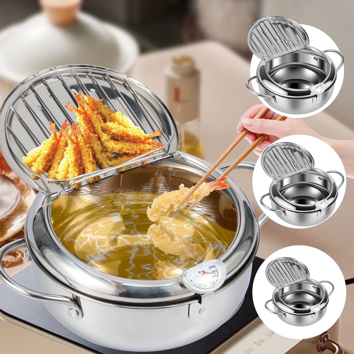 Jetcloudlive Deep Fryer Pot,Japanese Tempura Small Deep Fryer Stainless Steel Frying Pot With Thermometer,Lid And Oil Drip Drainer Rack for French Fries Shrimp Chicken Wings and Shrimp