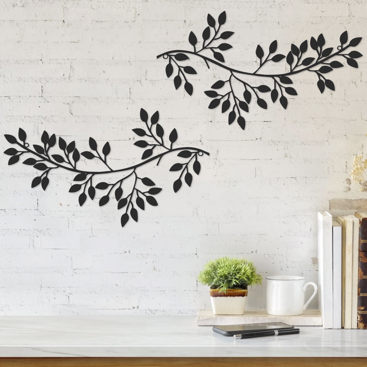 Dznils 2Pcs Metal Tree Leaf Wall Art Vine Olive Branch Leaf Wall Decor Wrought Iron Scroll Sculptures, Black