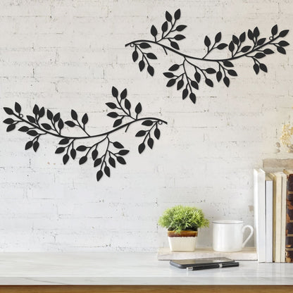 Dznils 2Pcs Metal Tree Leaf Wall Art Vine Olive Branch Leaf Wall Decor Wrought Iron Scroll Sculptures, Black