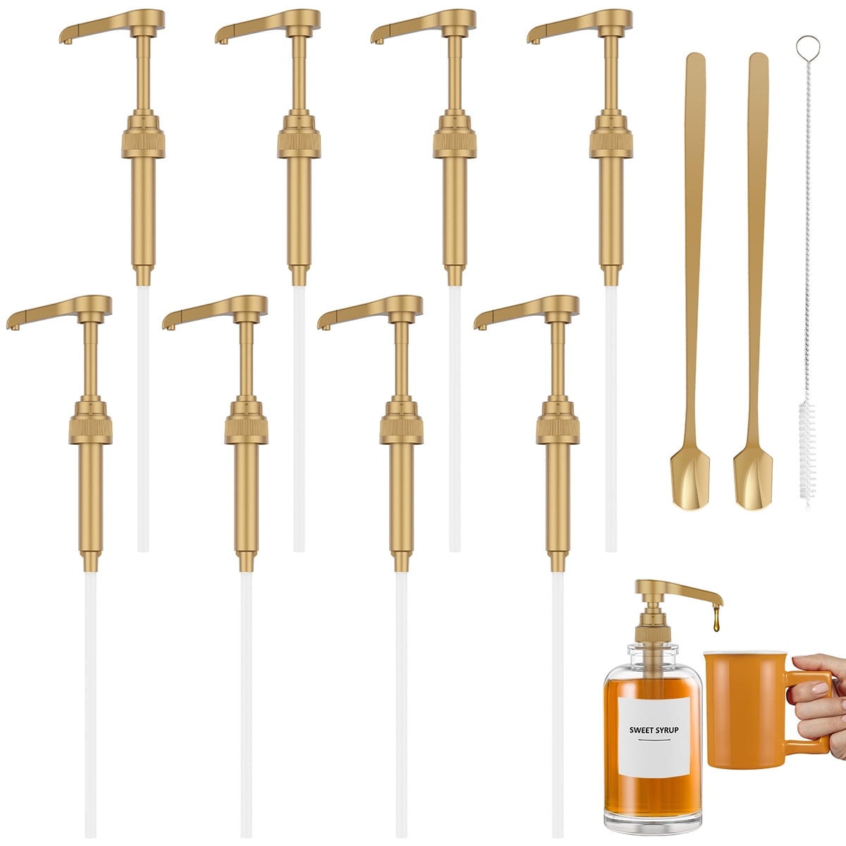 Dznils 8 Pack Coffee Syrup Pump Dispenser for 750ml Bottles, Gold