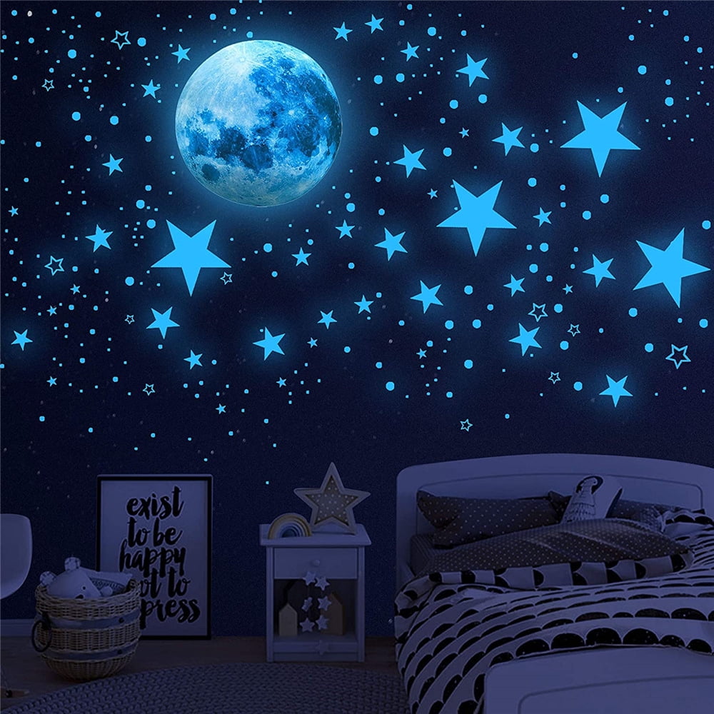 EUWBSSR 947pcs Glow In The Dark Stars,Glowing In The Dark Moon Planet Spaceship Wall Decals, Adhesive Glowing Stars Wall Stickers for Kids Nursery Kindergarten Bedroom