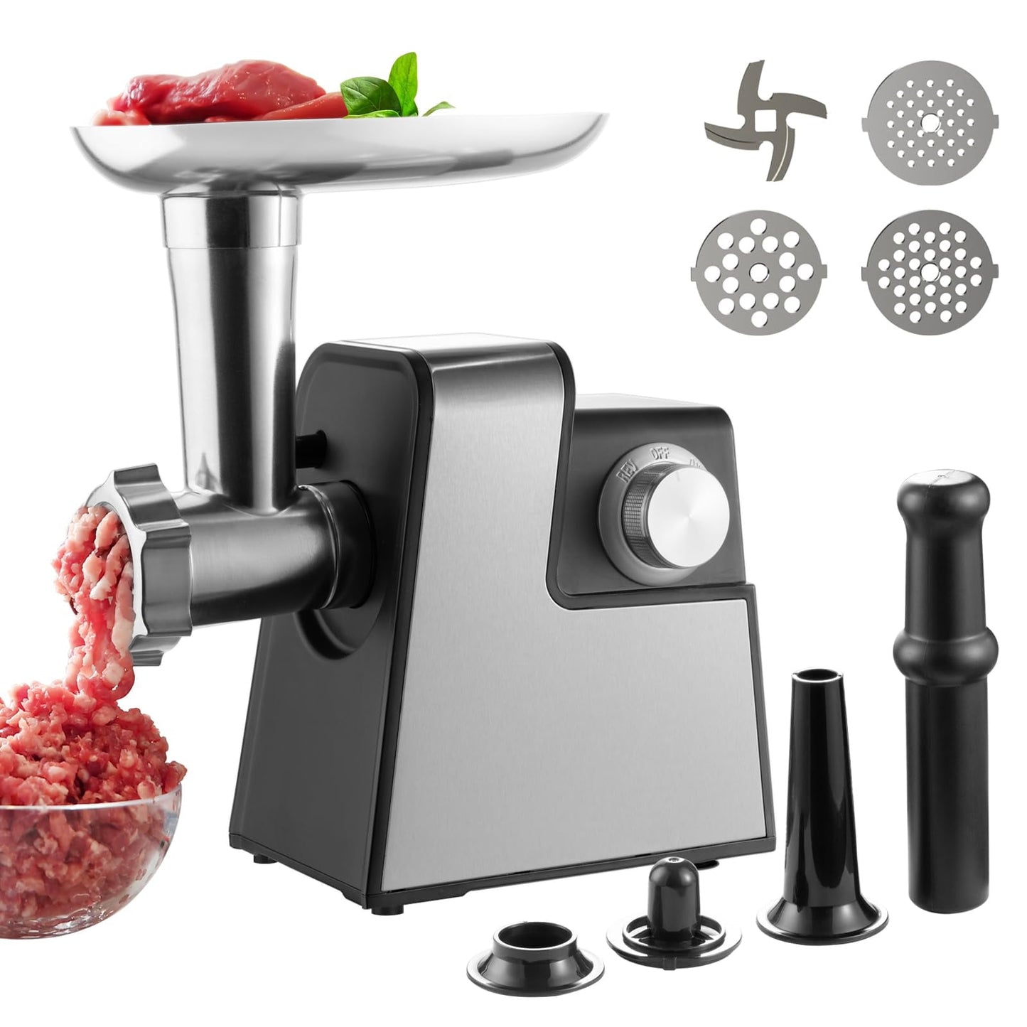 Electric Compact Meat Grinder for Home Use: Meat Mincer with 3 Plates, Blade, Sausage Stuffer, Kibbeh Kit, Stainless Steel Meat Grinder Machine Sausage Maker Kubbe Maker for Homemade Hamburger