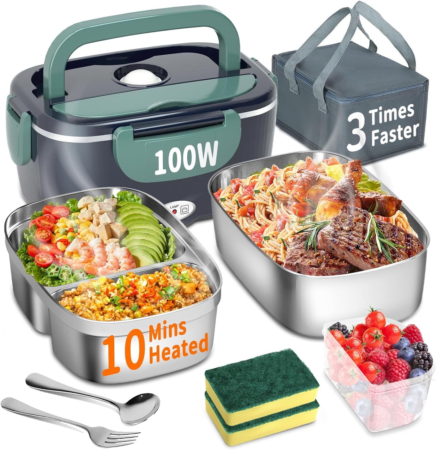 Electric Lunch Box Food Heater for Work-100W,3-IN-1 Fast Heating Lunch Boxes Portable Food Heater for Adults,12V/24V/110V 1.5L Lunch Box with Leak-Proof Lid for Car Truck Office (3 Times Faster)