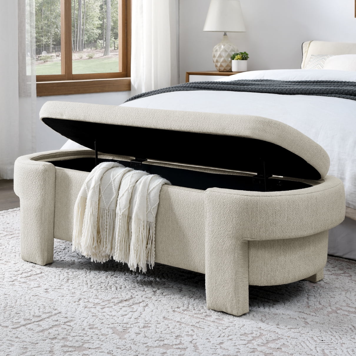 End of Bed Storage Bench, Upholstered Entryway Bed Bench with Sturdy Legs, Modern Indoor Accent Bench Foot of Bed Storage Ottoman Bench for Living Room, Bedroom, Hallway, Beige