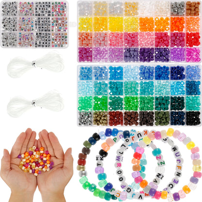Evjurcn 1977Pcs Pony Beads Kit, 64 Colors 9mm Kandi Beads Set Plastic Pony Beads Bulk with 375pcs Letter Beads Elastic String DIY Bracelets Jewelry Beads for Bracelets Necklace