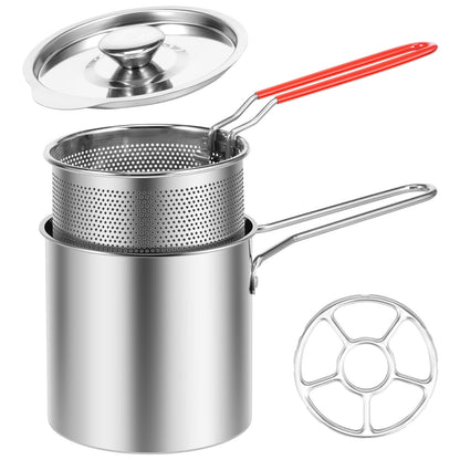 Evjurcn Deep Fryer with Strainer Basket and Handle Stainless Steel Fry Pot Durable Food Grade Outdoor Fryer with Lid Portable Food Cooking Pot for Frying Fish Shrimp Chicken and Fries