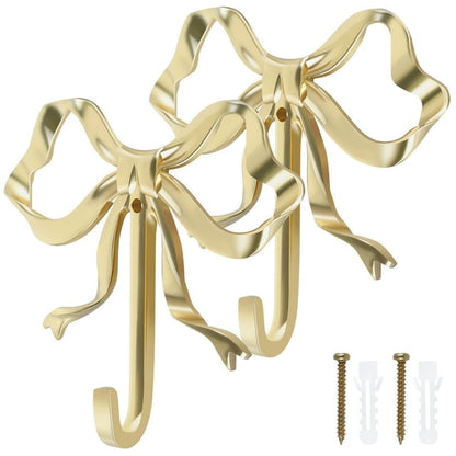 FUYGRCJ 2 Pcs Bow Hook Bowknot Wall Hook Brass Bow Wall Hook Wall Mounted Golden Key Hook Decorative Hanging Metal Hook 9.2x9x2cm Large Single Hook for Hat Towel Home Bedroom