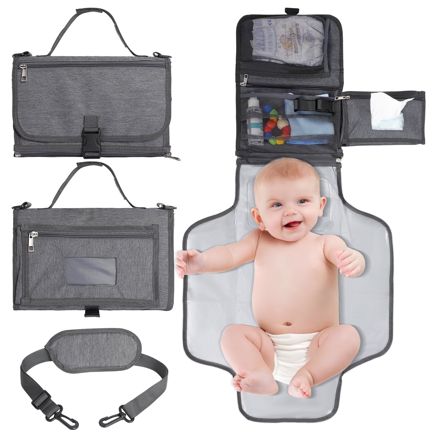 FVLOENG Baby Portable Changing Pad - Waterproof Travel Diaper Changing Pad for Newborn , Wipes Pocket Mat Foldable & Detachable Diaper Bag Tote, Changing Pad Cover Station Shower Gifts (Dark gray)