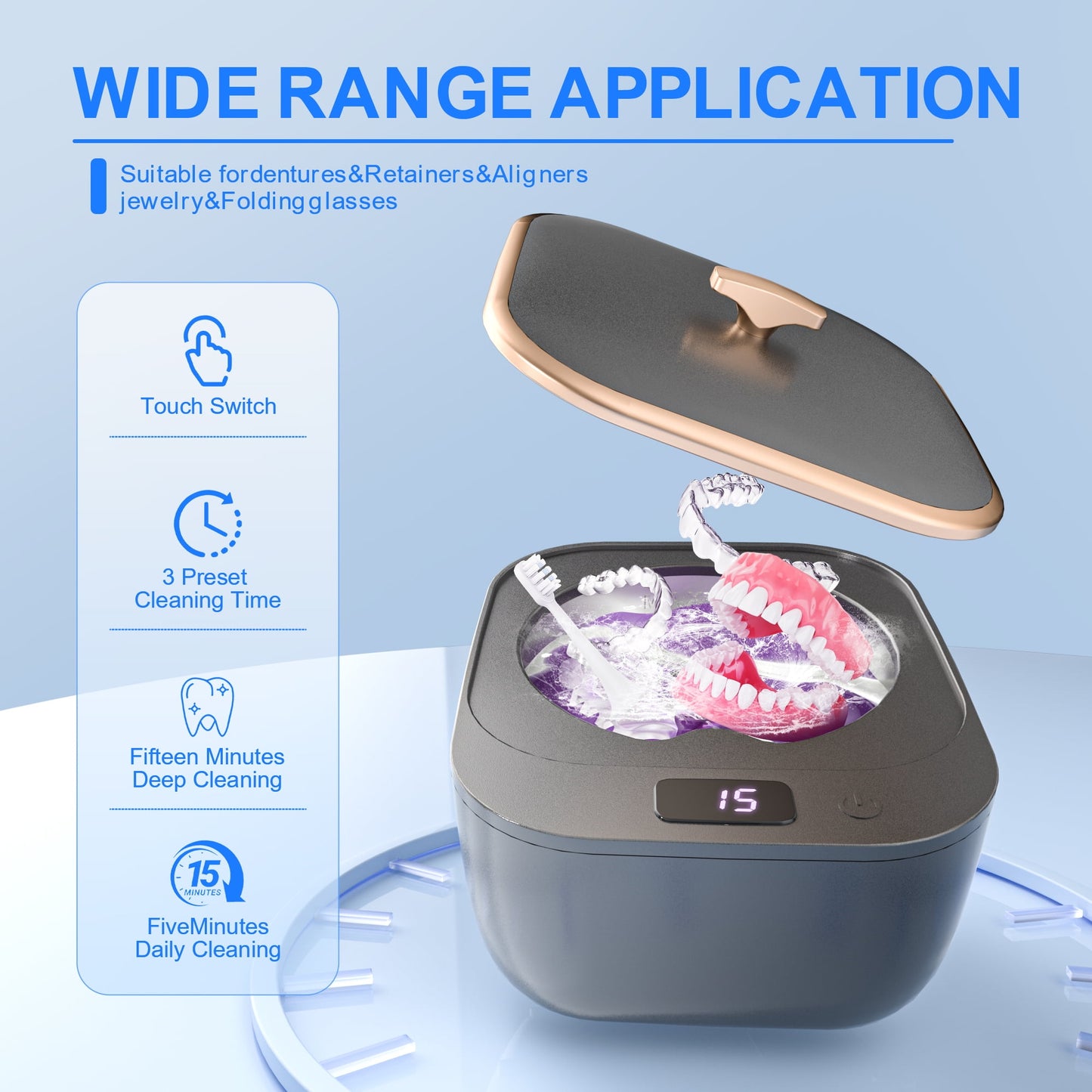 FVLOENG Retainer Cleaner Ultrasonic Cleaning Machine for Dentures Mouth Guard Dental Appliances Cleaning Silver Jewelry Aligner Cleaner, Braces Professional Portable 48kHz (Grey)