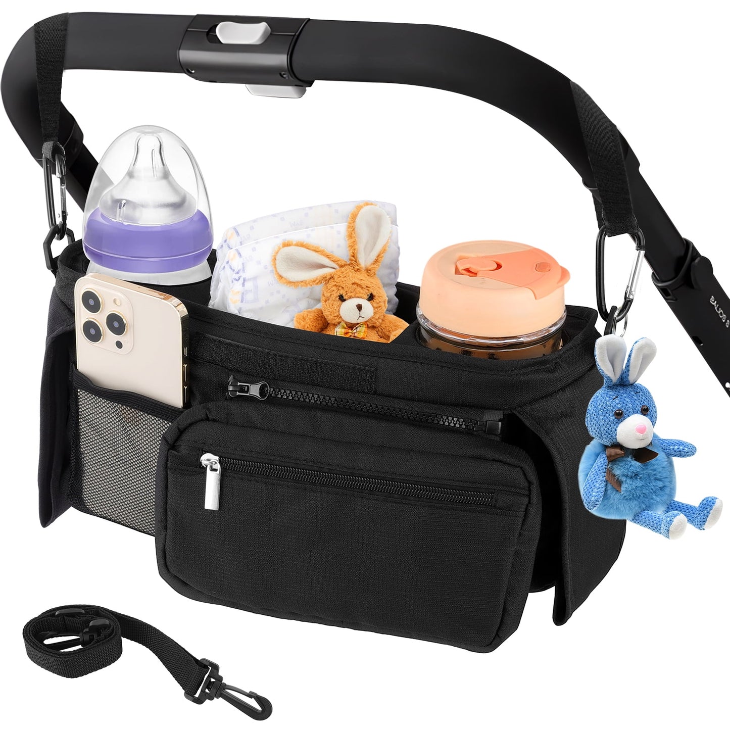FVLOENG Stroller Organizer Insulated Cup Holder Detachable Phone Bag and Shoulder Strap Baby Jogger Caddy Accessories, Universal Fits for All Stroller