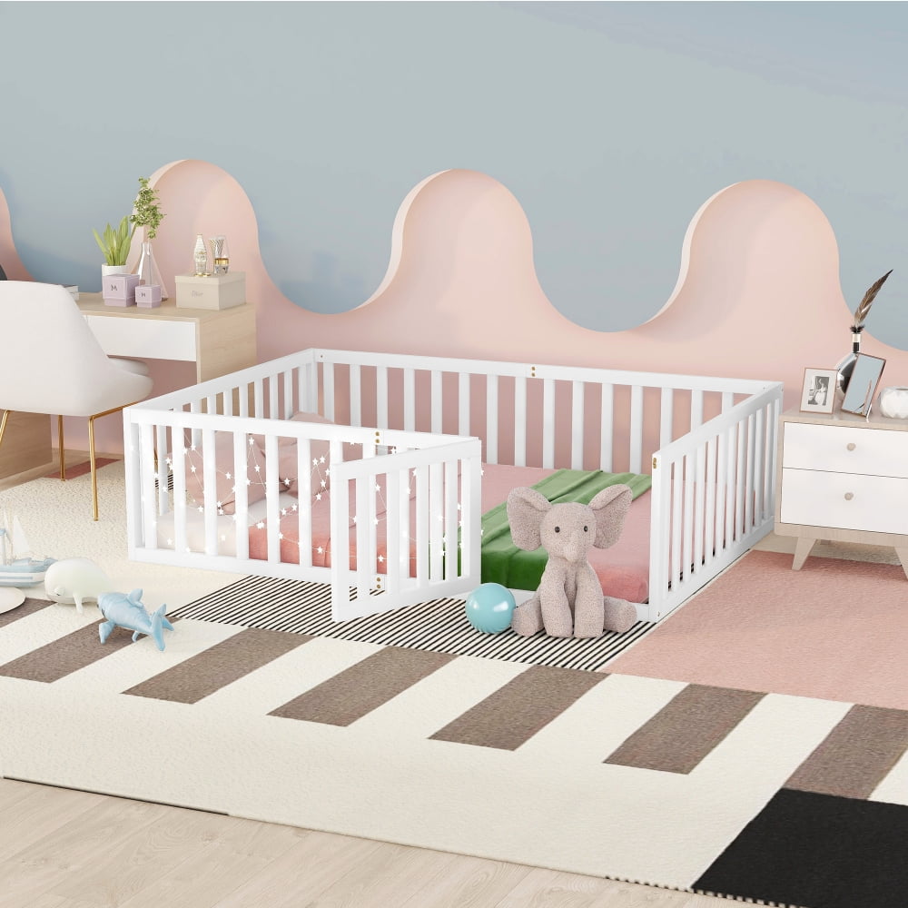 Full Size Floor Bed Frame for Kids, Solid Wood Montessori Bed Frame with Fence Rail and Door, Montessori Floor Bed Wood Full Bed Frame for Boys and Girls, White