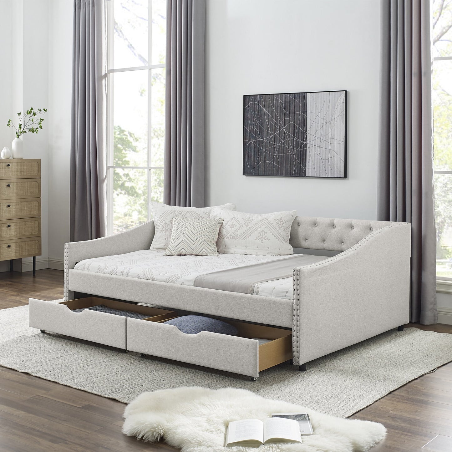 Full Size Upholstered Daybed Frame with Storage Drawers, Linen Sofa Bed with Reinforced Frame, Multifunctional Floor Bed with Tufted Backrest and Armrest for Living Room, Bedroom, Beige
