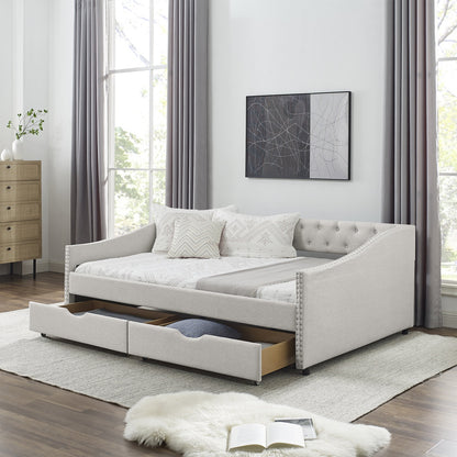 Full Size Upholstered Daybed Frame with Storage Drawers, Linen Sofa Bed with Reinforced Frame, Multifunctional Floor Bed with Tufted Backrest and Armrest for Living Room, Bedroom, Beige