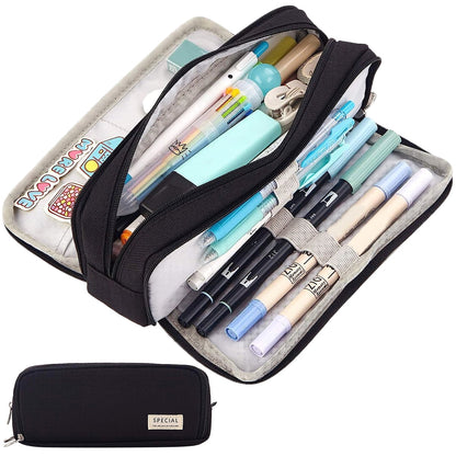 Tcwhniev Large Capacity Pencil Case 3 Compartment Pen Pouch Bag for School Teens Girls Boys Men Women (Black)