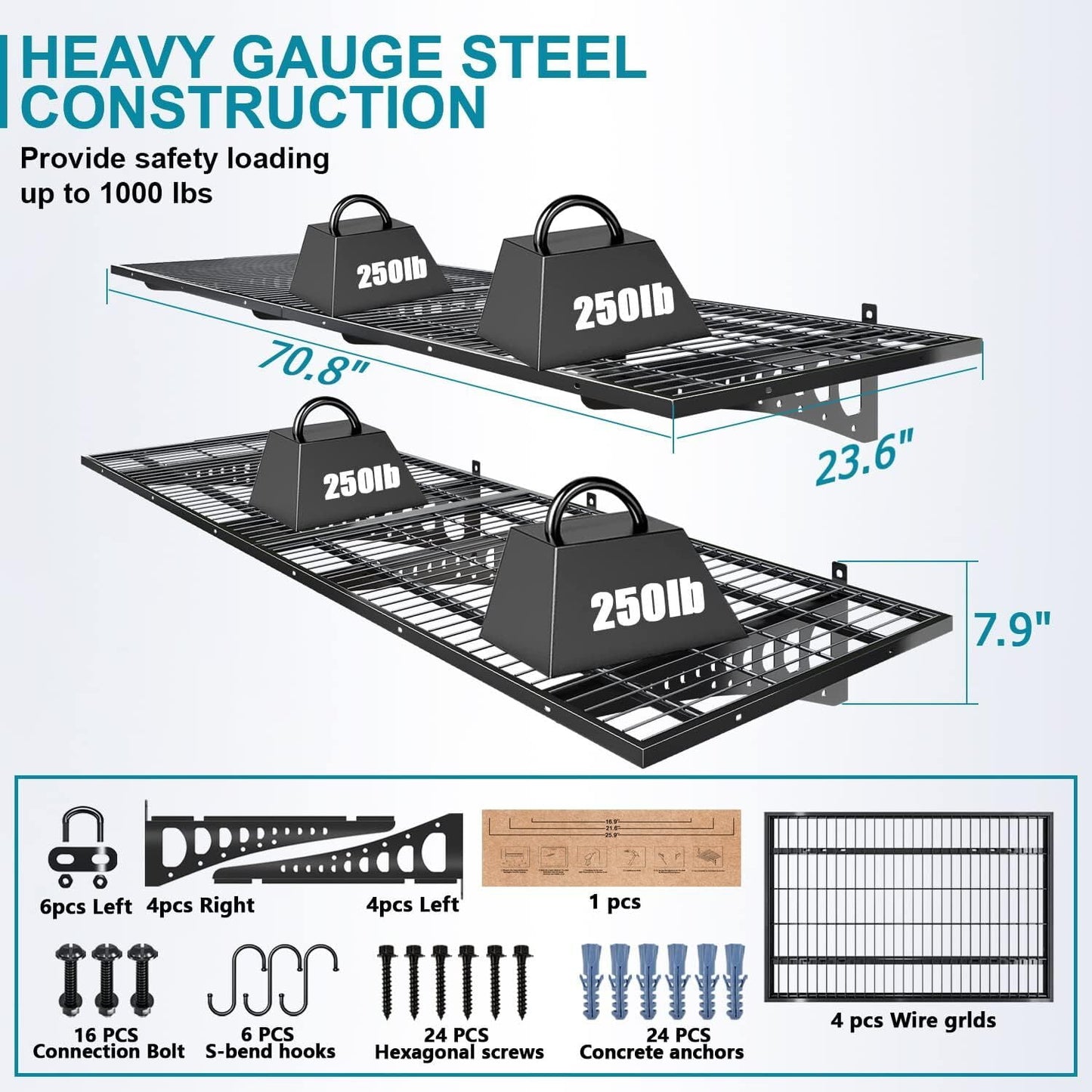 HAINAWANG Garage Storage Shelving Wall Mounted, 1 Pack 2x3ft, Loads 500 lbs Heavy Duty Sturdy Shelves, Strong Garage Organiser, Storage Racks Units, Black Metal Floating Adjustable Wall System Shelf