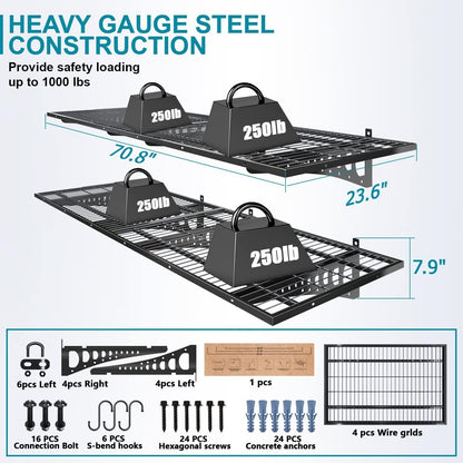 HAINAWANG Garage Storage Shelving Wall Mounted, 1 Pack 2x3ft, Loads 500 lbs Heavy Duty Sturdy Shelves, Strong Garage Organiser, Storage Racks Units, Black Metal Floating Adjustable Wall System Shelf