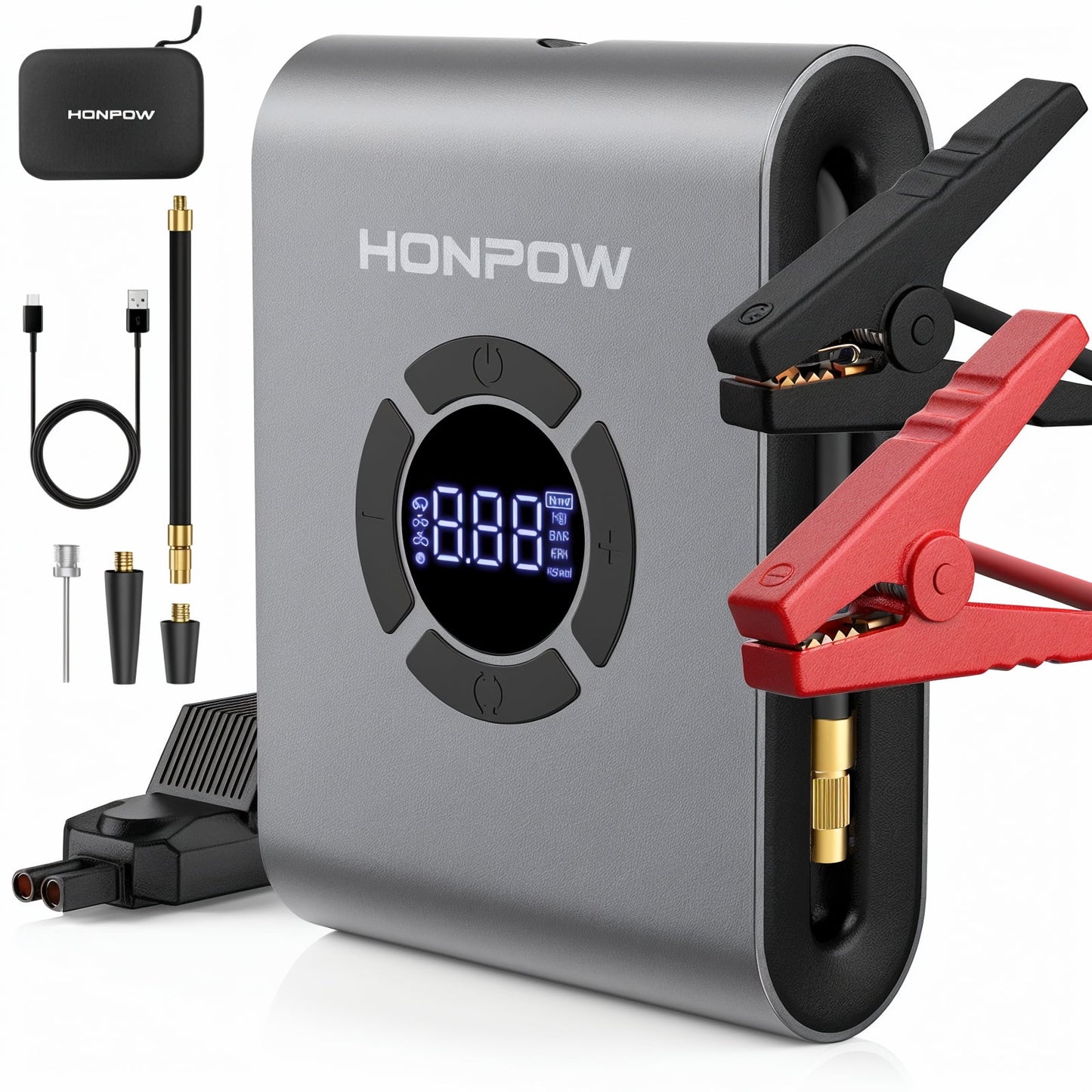 HONPOW Portable Car Jump Starter with Air Compressor 150PSI 2000A Peak Battery Booster Pack (up to 8.0L Gas or 5.5L Diesel Engine) 12V Jump Box with Jumper Cables Digital Tire Inflator Led Light Gray